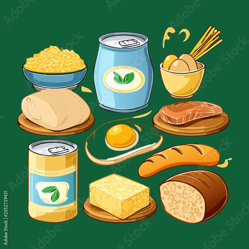 Assorted canned groceries and pantry products containing soup tin cans grain jars fresh bread and cooking oil - Vector Illustration