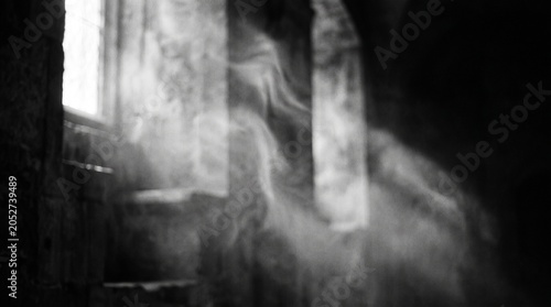 smoke overlay effect, Ghostly Apparition Haunted Figure in Dark Stone Castle Window