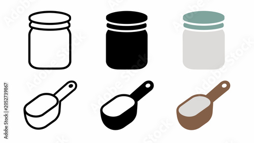 Variety of jar and measuring spoon icons in different styles and colors