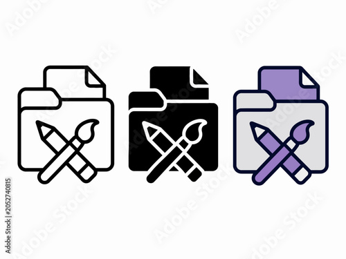Three artistic design icons featuring folder with paintbrush and pencil