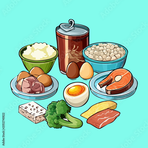 Grocery collection with various canned foods eggs cheese bowls of grains and fresh salmon fish slices for kitchen pantry layout - Vector Illustration