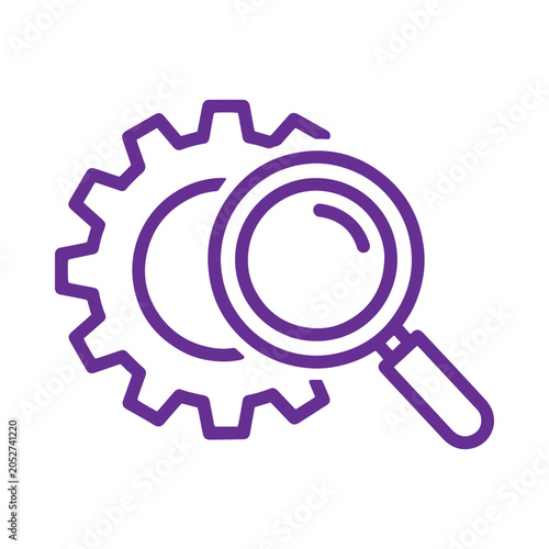 A purple line depicting a mechanical gear cog and a magnifying glass, representing technical inspection, process analysis, or engineering