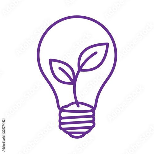 A purple line of a lightbulb with a small plant growing inside representing sustainable energy and nature on white background