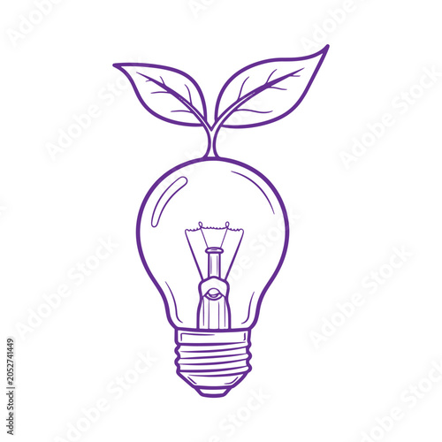 A purple line of a lightbulb with green leaves growing out of the representing eco friendly energy on white background