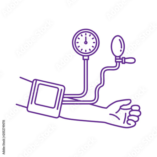 A purple line of a manual pressure monitor cuff wrapped around a human arm on a clean white background, for medical
