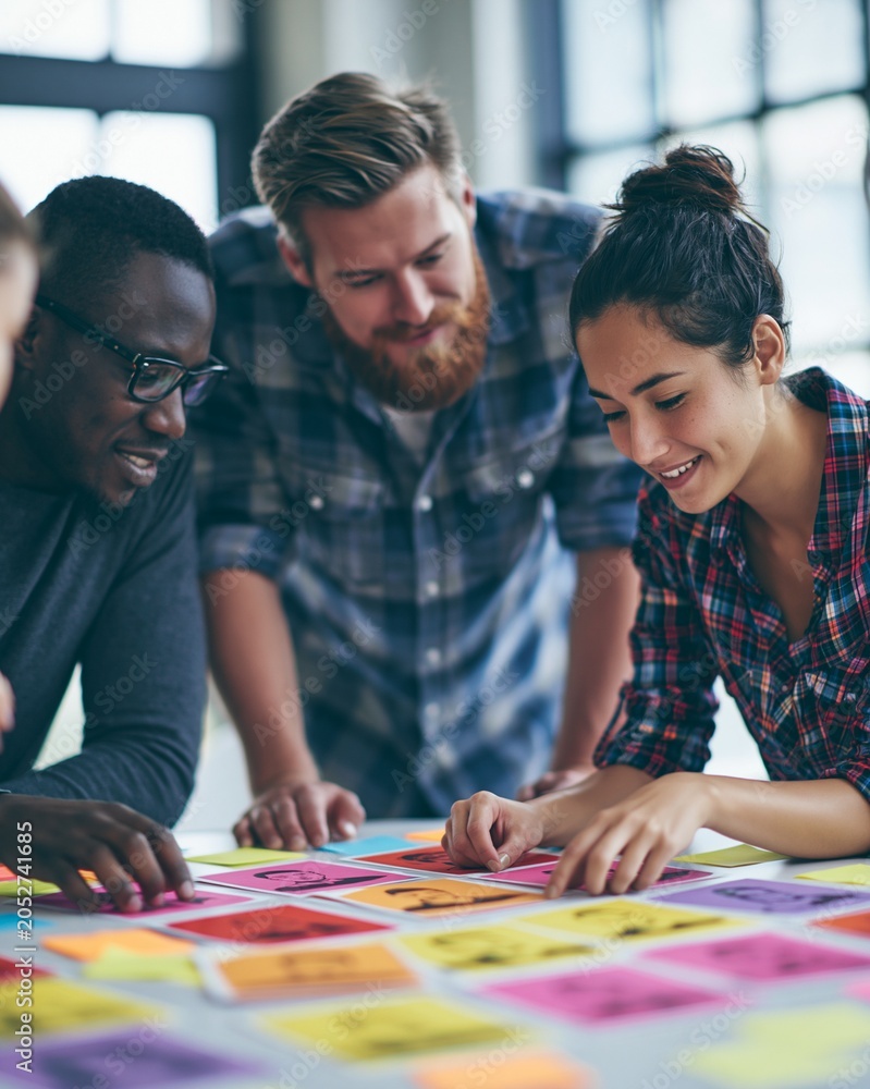 Fototapeta premium Diverse coworkers focus intently as they organize vibrant personality cards and sticky notes on a round table bright meeting room bathed in natural window light emphasizing