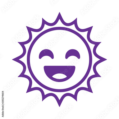 Purple flat of a smiling sun, isolated on a white background, simple for weather or happiness smile happy