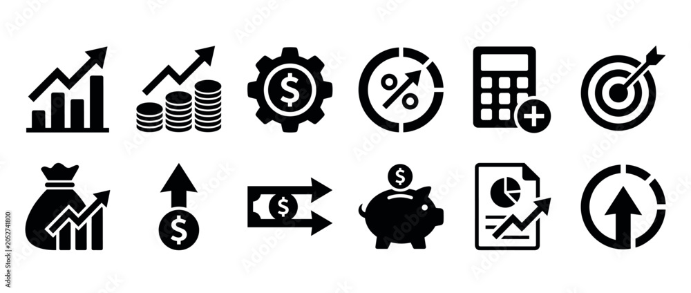 Fototapeta premium Set of black finance and business icons for economic growth concepts, including a piggy bank, money bag, calculator, target, and various charts for investment and profit