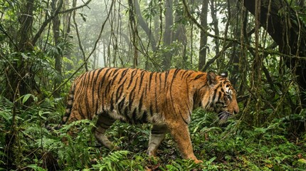 Majestic tiger roaming the lush rainforest nature photography serene jungle close-up view wildlife conservation