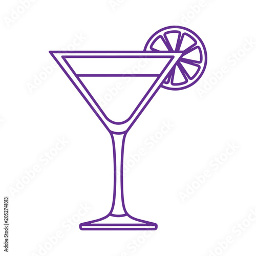 Purple line of a martini glass with a citrus fruit slice garnish, isolated on a white background, flat style