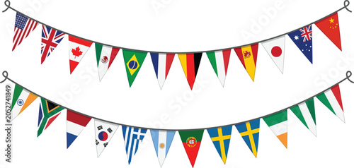 Double String Hanging World Flags Bunting Garland Vector Set with International Pennant Banners for Global Festivals National Celebrations Events and Cultural Holiday Decorations