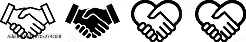 Set of handshake icons and heart shaped hand signs representing business partnership and love connection