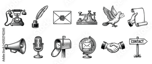 Set of vintage communication icons drawn in a black and white engraving style, featuring a telephone, quill, letter, telegraph, pigeon, scroll, megaphone, and microphone