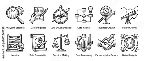 Set of hand-drawn business icons in a vintage engraving style representing data analysis, statistics, financial growth, metrics, and strategic corporate decision making
