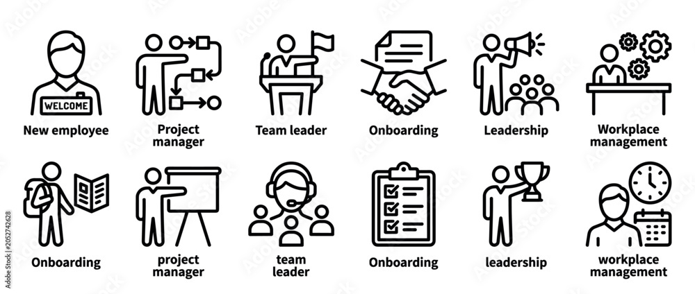 Fototapeta premium Set of black line icons for business concepts including new employee, project manager, team leader, onboarding, leadership, and workplace management in a simple pictogram style