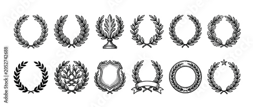 Collection of black and white laurel wreaths in a vintage engraved style, featuring various designs with olive branches, oak leaves, shields, and ribbons for awards and emblems