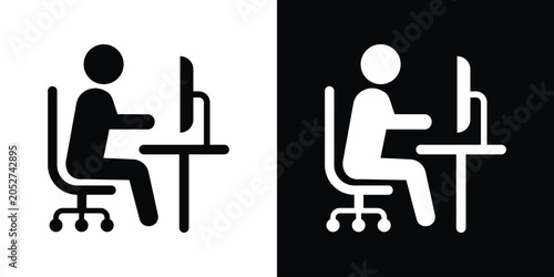Photos Office worker sitting at a desk using a desktop computer monitor, black and white workspace icon set