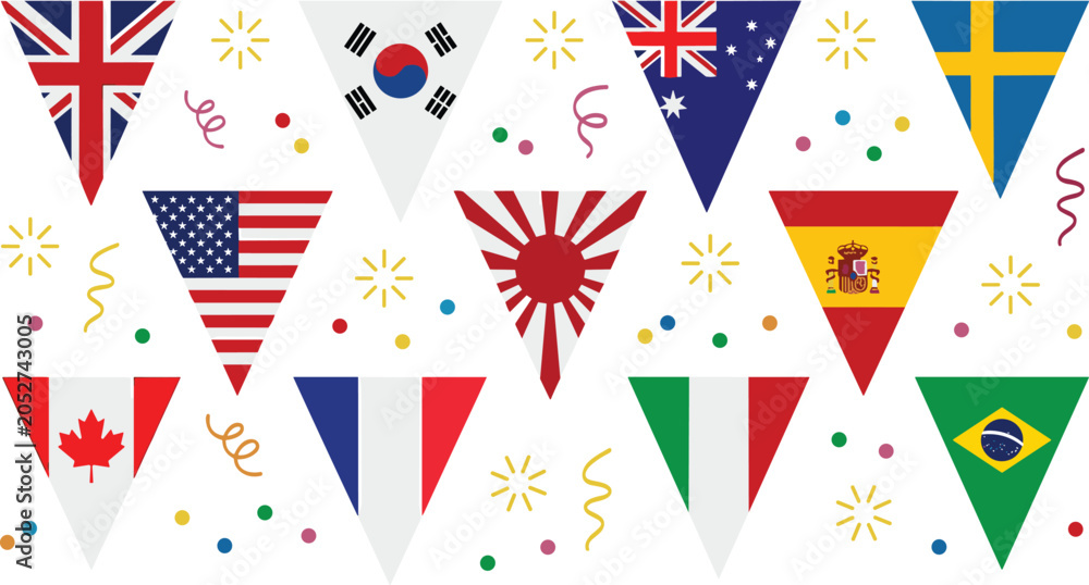 Obraz premium International World Flags Pennant Banners Set with Confetti Elements for Global Celebrations National Holidays Sports Tournaments Festivals and Cultural Event Decorations