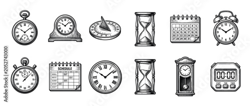 Collection of vintage timekeeping objects and schedule icons in a black and white engraved style, including a pocket watch, hourglass, calendar, sundial, and alarm clock