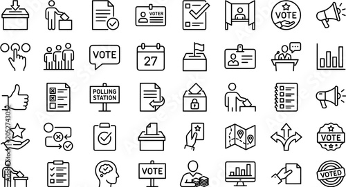 Set of election and voting icons representing political process, polling station and democratic choice in modern line style