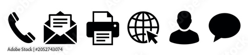 Set of black communication icons for business contact information, including a phone, email, printer, website, user avatar, and chat bubble in a flat minimalist style