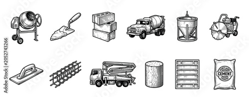Set of construction and concrete industry icons with a mixer, truck, trowel, bricks, rebar, and cement bag, rendered in a detailed black and white vintage engraving style