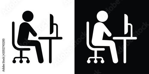 Bild auf Leinwand Office worker sitting at a desk using a desktop computer monitor, black and white workspace icon set
