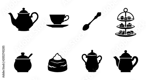 Quadro su tela Tea Time Icons: Teapot, Cup, Cake, Spoon, Sugar Bowl, Tiered Stand Vector Set