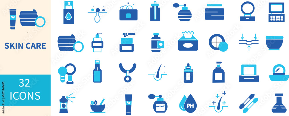 Naklejka premium Skincare and Cosmetics Icons Set. Beauty icon set for skincare and makeup applications. Blue Two Tone Vector Flat Icon Pack for Beauty, Skin care, cream, oil, treatment, cosmetic, beauty, facial, 