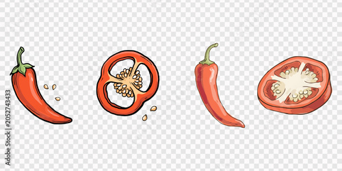 Photos red hot chili peppers, Two whole green jalapeo peppers are positioned next to a