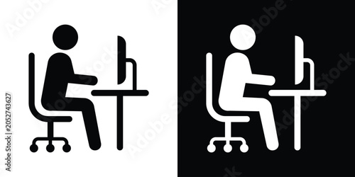 Foto Office worker sitting at a desk using a desktop computer monitor, black and white workspace icon set