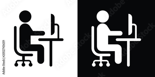 Bilde på lerret Office worker sitting at a desk using a desktop computer monitor, black and white workspace icon set