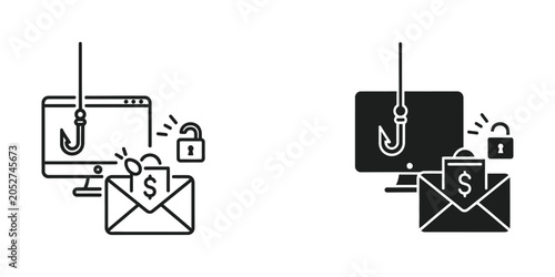 Bild auf Leinwand Computer phishing attack with hook unlocked padlock and money envelope during di