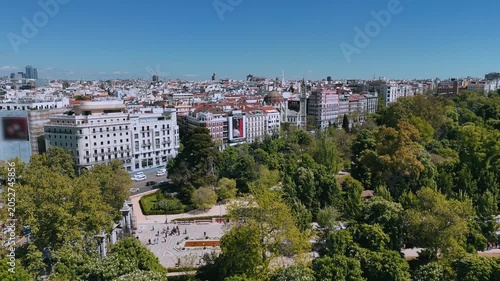 Drone panorama of central Madrid with Retiro Park and historic rooftops in spring