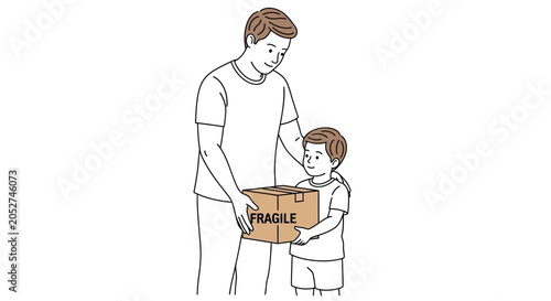 Foto Man and child holding cardboard box.