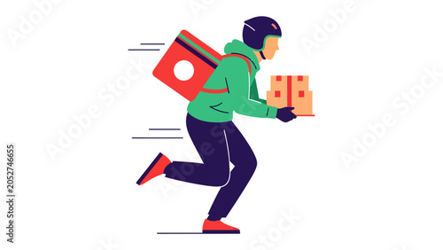 Canvas-taulu Speedy Delivery: A determined delivery person, clad in a helmet and uniform, rushes with packages in hand and a thermal bag on their back, conveying efficiency and prompt service