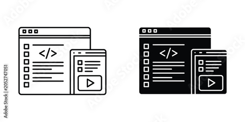 Quadro su tela Two browser with code snippets and play button icons for web development concept