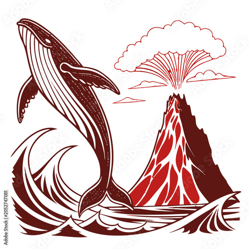 Φωτογραφία Humpback whale jumping out of waves near erupting volcano with humpback eruption