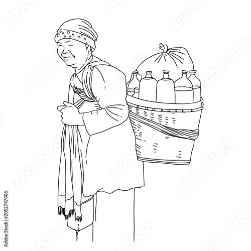 woman selling herbal medicine carried on her back. Healthy traditional drink from Java island Indonesia