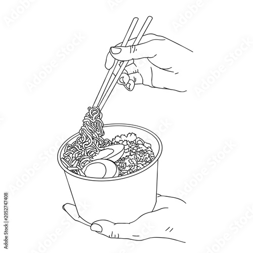 hand drawn hold a bowl of noodle with chopstick and eggs line art illustration black and white. Food industry