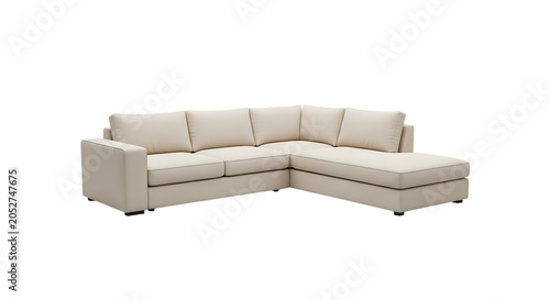 Modern beige L-shaped sectional sofa isolated on white background.