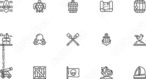 Fotografie Pirate Adventure and Marine Wildlife Line Art Icon Set Featuring Treasure Maps,