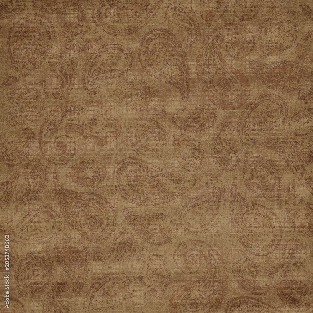 Fototapeta premium Vintage brown paisley texture with antique ornamental details and distressed fabric effect. Classic decorative background ideal for textiles, wallpaper and packaging.
