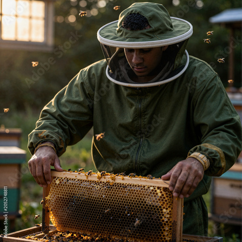 Beekeeper Inspecting Honeycomb in Golden Hour