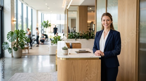 Woman receptionist standing at desk in modern fitness club. Friendly professional greeting client in bright gym interior. Corporate hospitality concept for luxury health wellness center.