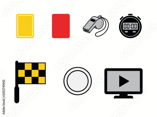 Professional vector illustration set displaying essential soccer referee equipment including penalty cards a whistle a stopwatch a checkered flag a circle and a video screen monitor