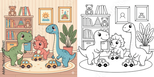 Konstfotografi Cute Cartoon Dinosaurs Playing with Toy Cars in a Playroom Nursery with Bookshel