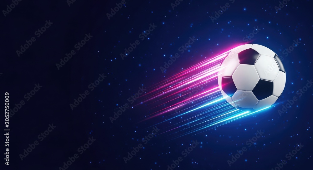 Naklejka premium Dynamic soccer ball in motion with neon lights for international football competition