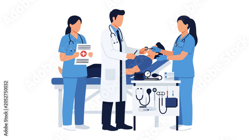 Foto Medical Team Examining Patient: A doctor and two nurses attentively examine a patient lying on a medical bed, surrounded by essential medical equipment