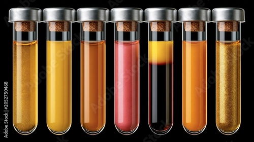 Seven corked glass test tubes filled with colorful shiny gold red and orange liquids against solid black background for scientific and cosmetic design